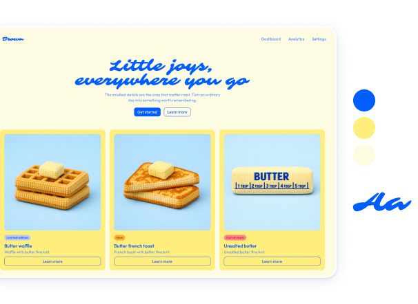 A product landing page styled with the Butter theme, shown alongside the theme's color swatches and type sample